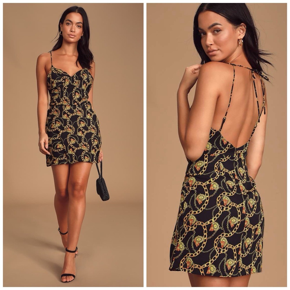 ASTR Chain Reaction M Equestrian Black Gold Faux Wrap Mini Dress Strappy V Neck